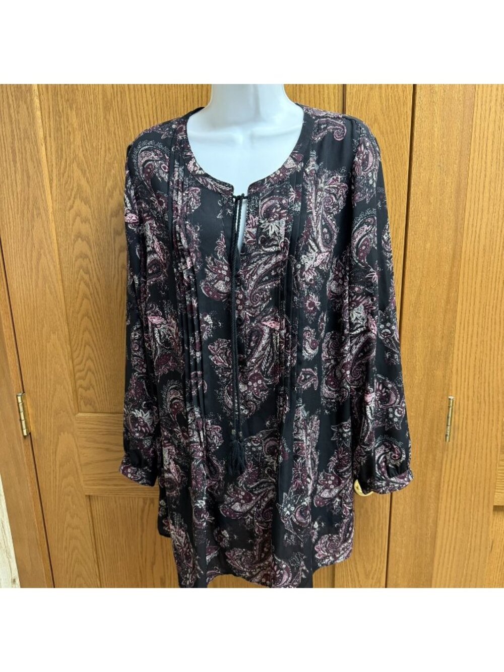 DR2 Black & Burgundy Paisley l/s Blouse Top - Plus Size 1X